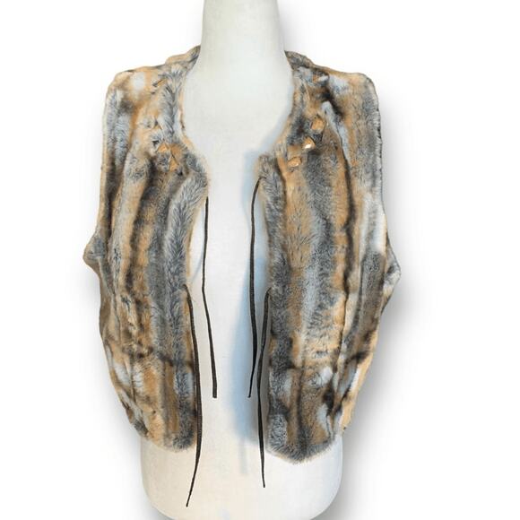 Vintage Y2K Alberto Makali Faux Fur Vest Tan Gray Cropped Tie Front Studded Boho - Picture 6 of 11